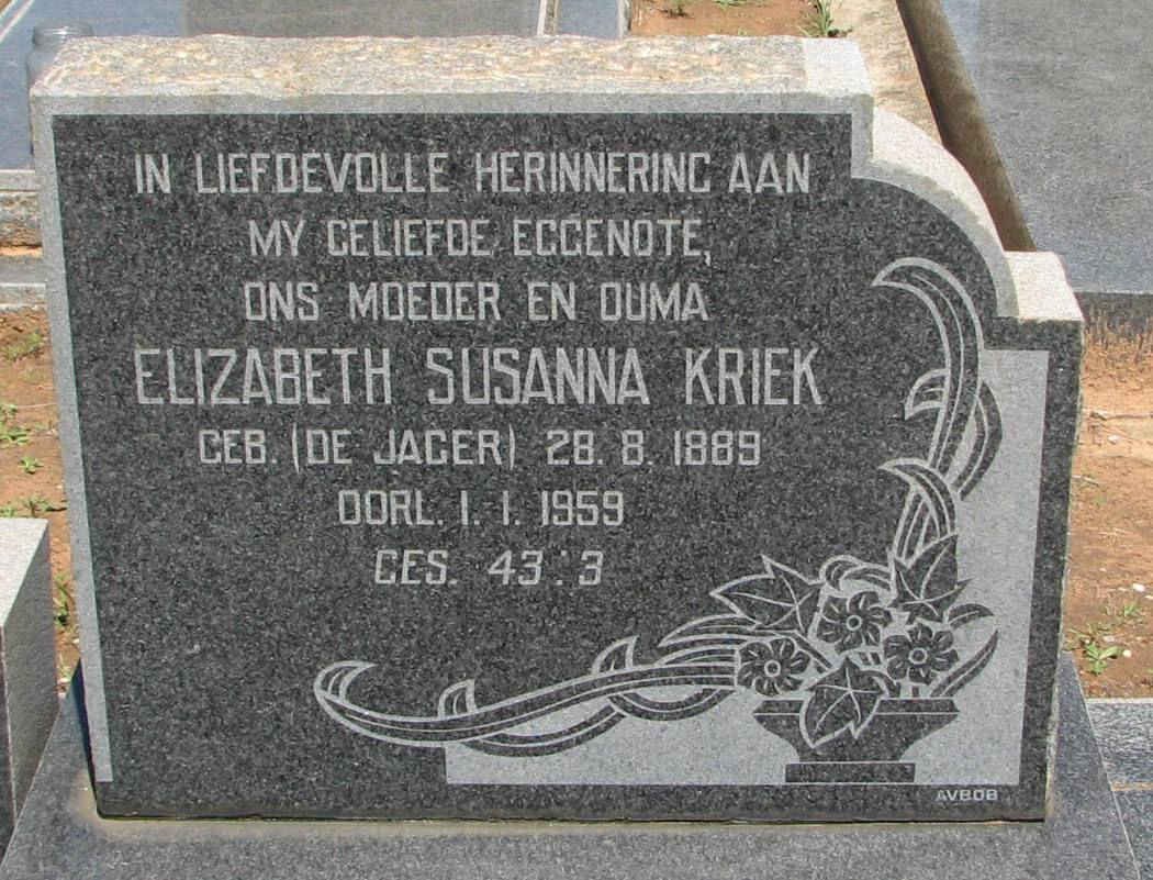 KRIEK Elizabeth Susanna nee DE JAGER 1889-1959