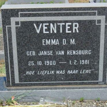 VENTER Emma D.M. nee JANSE VAN RENSBURG 1900-1981