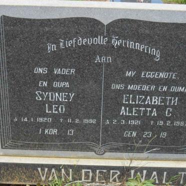WALT Sydney Leo 1920-1992 &amp; Elizabeth Aletta C. 1921-1987