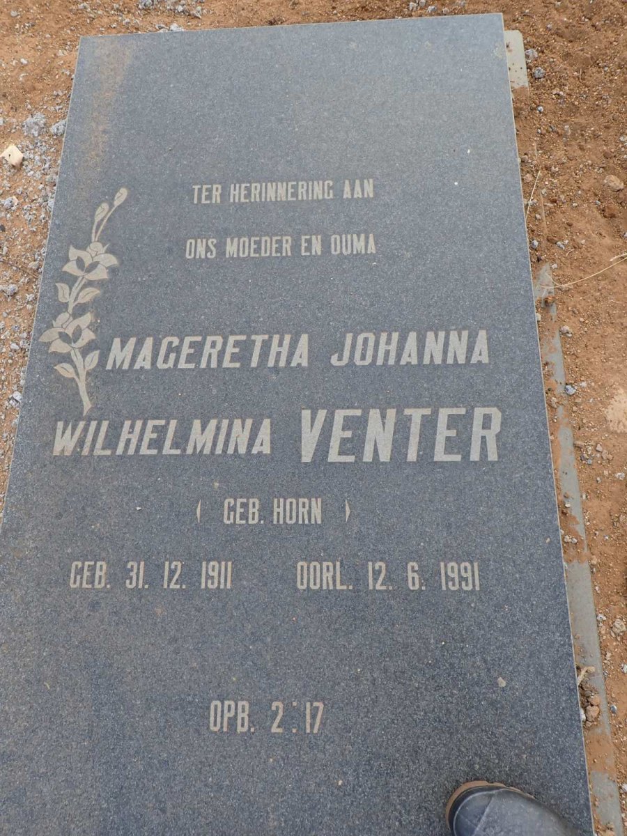 VENTER Mageretha Johanna nee HORN 1911-1991