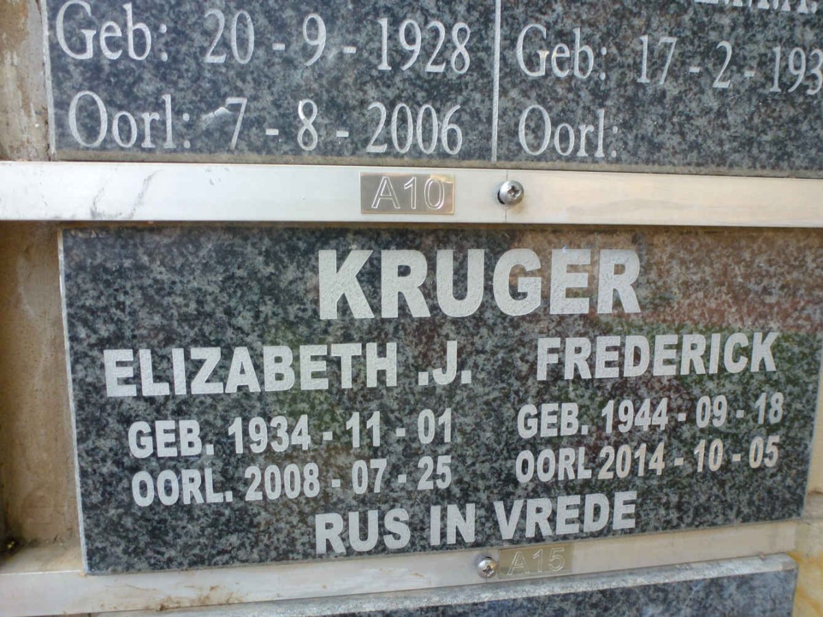 KRUGER Frederick 1944-2014 &amp; Elizabeth J. 1934-2008