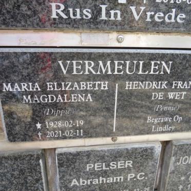 VERMEULEN Hendrik Francois De Wet &amp; Maria Elizabeth Magdalena 1928-2021