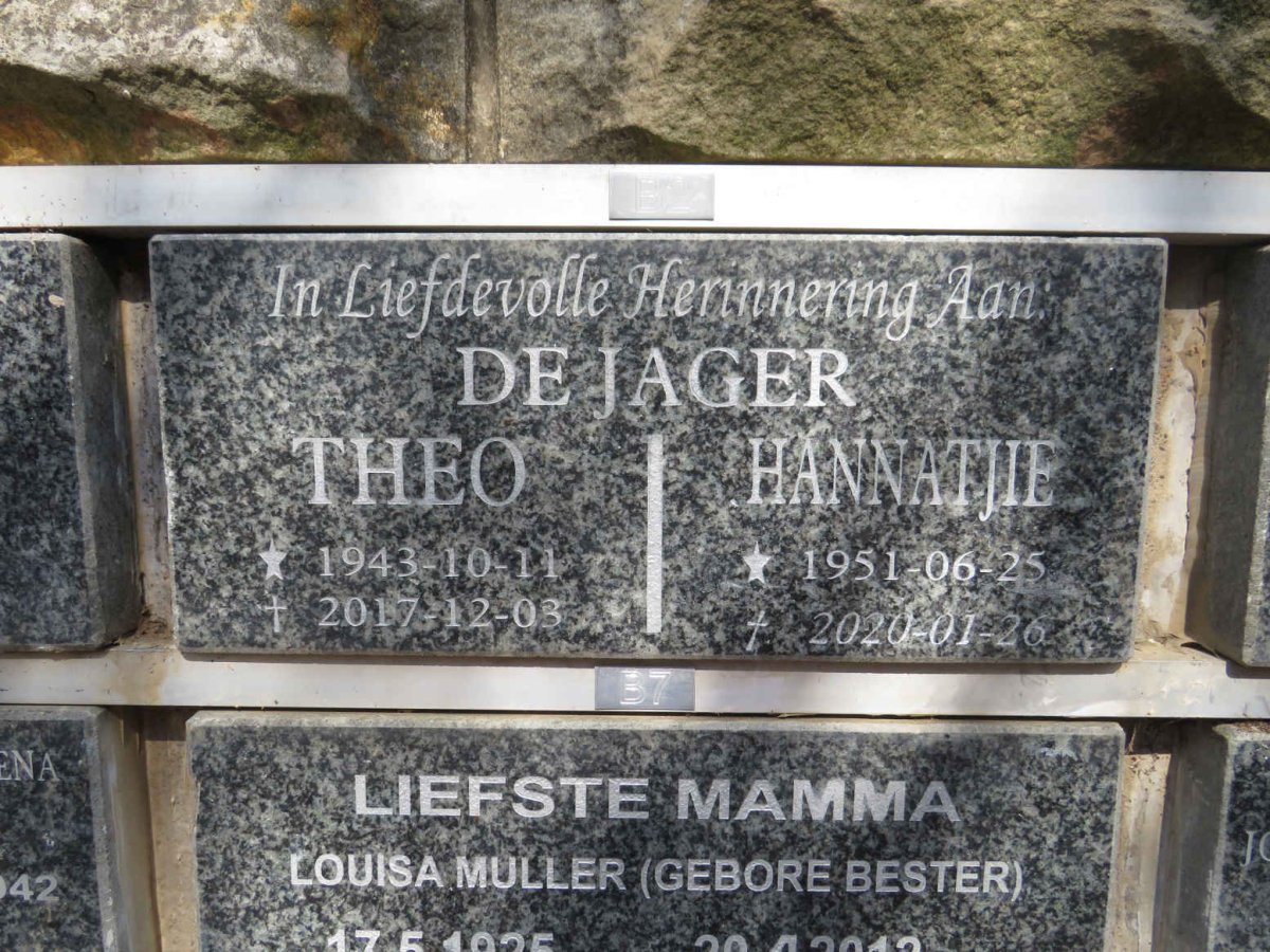 JAGER Theo, de 1943-2017 &amp; Hannatjie 1951-2020