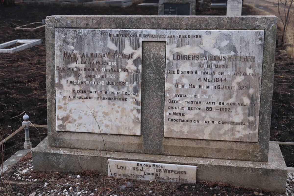 WEPENER Lourens Jacobus 1844-1923 & Martha Louisa DU PLESSIS 1853-1930 :: WEPENER Lourens Jacobus 1874-1918