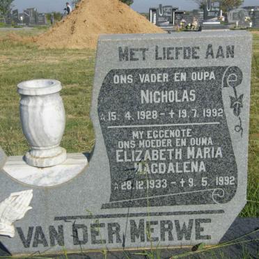 MERWE Nicholas, van der 1928-1992 &amp; Elizabeth Maria Magdalena 1933-1992