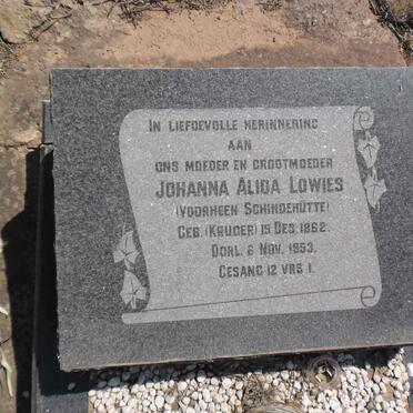 LOWIES Johanna Alida voorheen SCHINDEHUTTE nee KRUGER 1862-1953