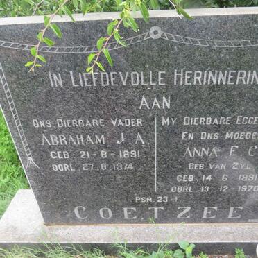 COETZEE Abraham J.A. 1891-1974 &amp;  Anna F.C. VAN ZYL 1891-1970