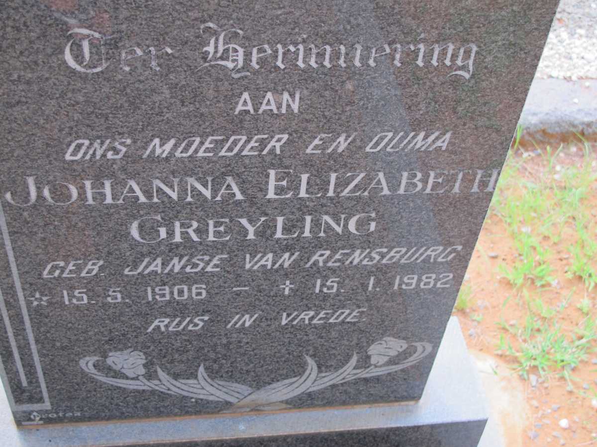 GREYLING Johanna Elizabeth nee JANSE VAN RENSBURG 1906-1982