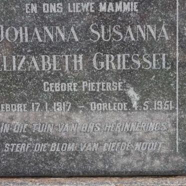 GRIESSEL  Johanna Susanna Elizabeth nee PIETERSE 1917-1951