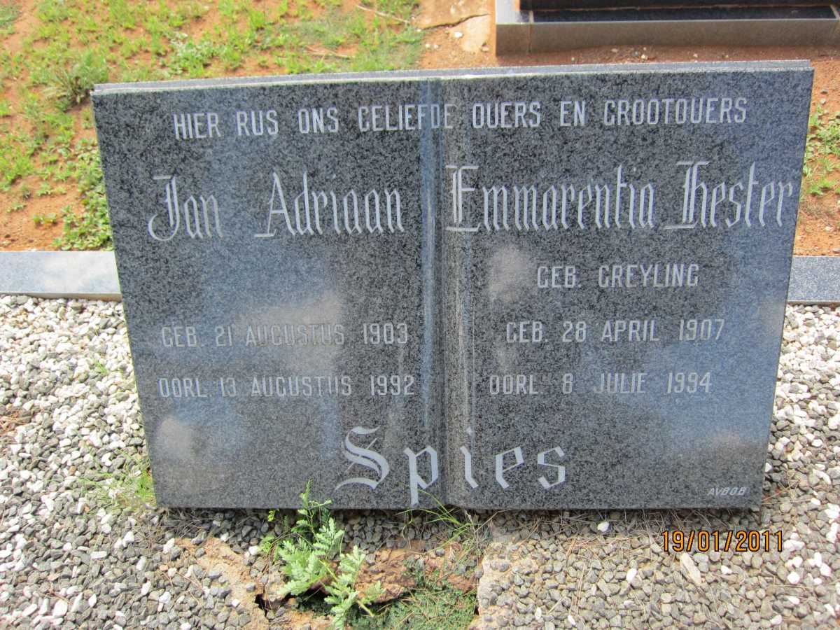 SPIES Jan Adriaan 1903-1992 &amp; Emmarentia Hester GREYLING 1907-1994