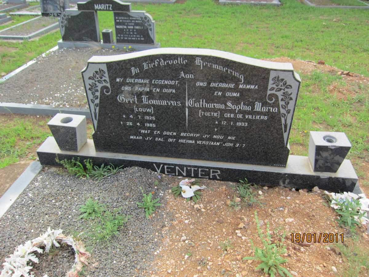 VENTER Gert Louwrens 1925-1985 &amp; Catherina Sophia Maria DE VILLIERS 1933-