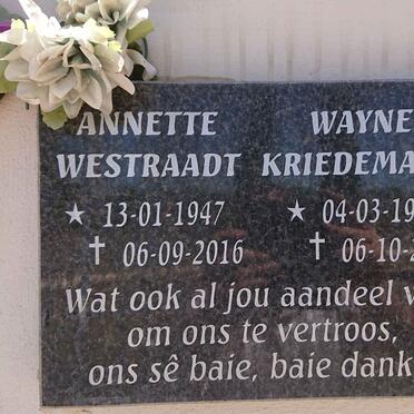 WESTRAADT Annette 1947-2016 :: KRIEDEMANN Wayne 1975-2012