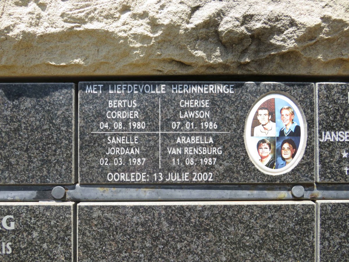 CORDIER Bertus 1980-2002 :: LAWSON Cherise 1986-2002 :: JORDAAN Sanelle 1987-2002 :: RENSBURG Arabella, van 1987-2002