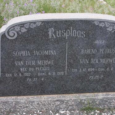 MERWE Barend Petrus, van der 1894-1963 &amp; Sophia Jacomina DU PLESSIS 1907-1978