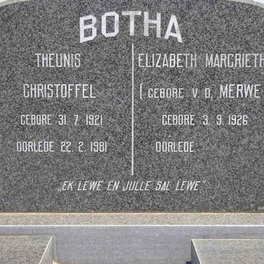 BOTHA Theunis Christoffel 1921-1981 &amp; Elizabeth Magrietha VAN DER MERWE 1926-