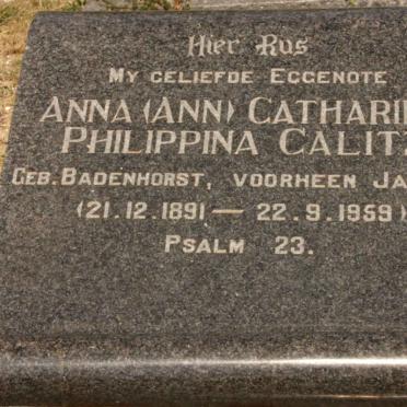 CALITZ Anna Catharina Phillipina voorheen JACOBS nee BADENHORST 1891-1959