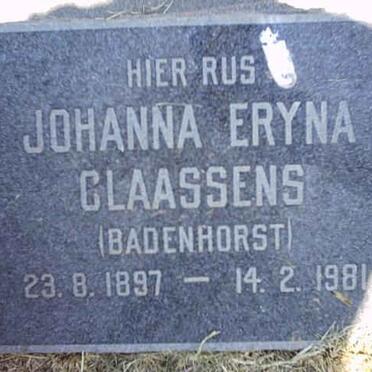 CLAASSENS Johanna Eryna nee BADENHORST 1897-1981