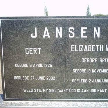 JANSEN Gert 1925-2002 &amp; Elizabeth Maria BRITZ 1927-2003