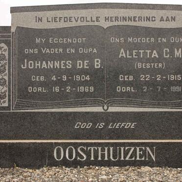 OOSTHUIZEN Johannes de B. 1904-1969 &amp; Aletta C.M. BESTER 1915-1991