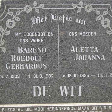 WIT Barend Roedolf Gerhardus, de 1933-1982 &amp; Aletta Johanna 1935-1991