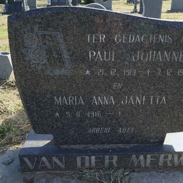 MERWE Paul Johannes, van der 1913-1996 &amp; Maria Anna Janetta 1916-