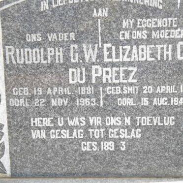 PREEZ Rudolph G.W., du 1881-1963 &amp; Elizabeth C.M. SMIT 1890-1946 
