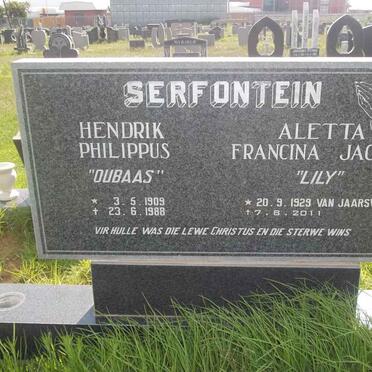 SERFONTEIN Hendrik Philippus 1909-1988 &amp; Aletta Francina Jacoba VAN JAARSVELD 1929-2011