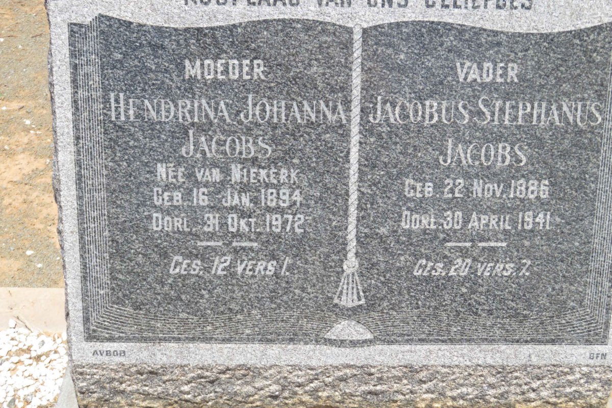 JACOBS Jacobus Stephanus 1886-1941 &amp; Hendrina Johanna VAN NIEKERK 1894-1972