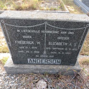 ANDERSON Frederick W. 1870-1958 & Elizabeth A.S. SNYMAN 1872-1957