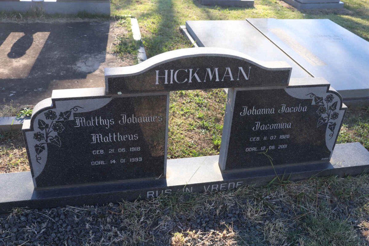 HICKMAN Matthys Johannes Mattheus 1918-1993 & Johanna Jacoba Jacomina 1926-2001
