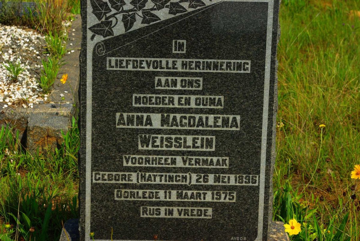 WEISSLEIN Anna Magdalena formerly VERMAAK nee HATTINGH 1896-1975