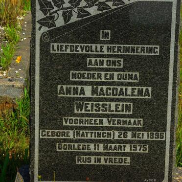 WEISSLEIN Anna Magdalena formerly VERMAAK nee HATTINGH 1896-1975