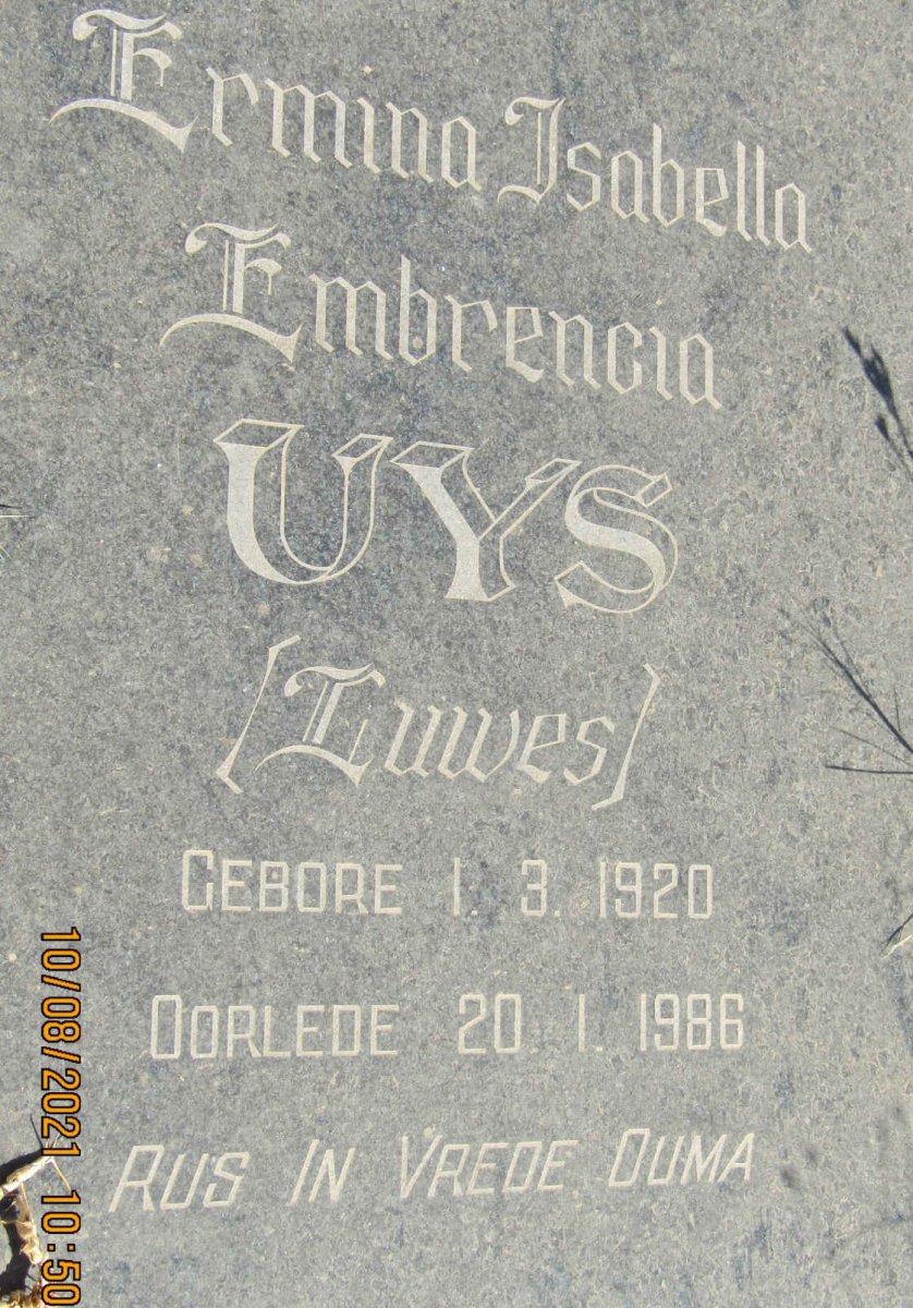 UYS Ermina Isabella Embrencia nee LUWES 1920-1986