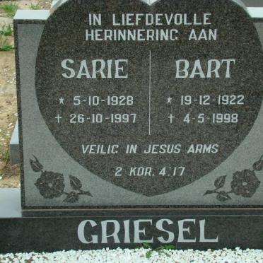 GRIESEL Bart 1922-1998 &amp; Sarie 1928-1997