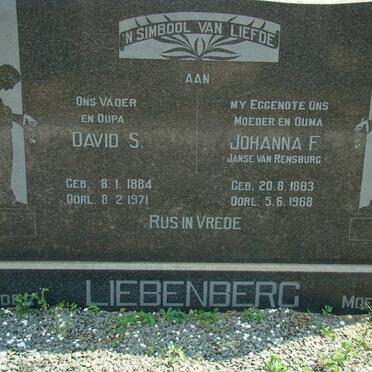 LIEBENBERG David S. 1884-1971 &amp; Johanna F. JANSE VAN RENSBURG 1883-1968