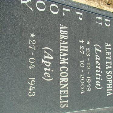 PLOOY Abraham Cornelis, du 1943- &amp; Aletta Sophia 1949-2004