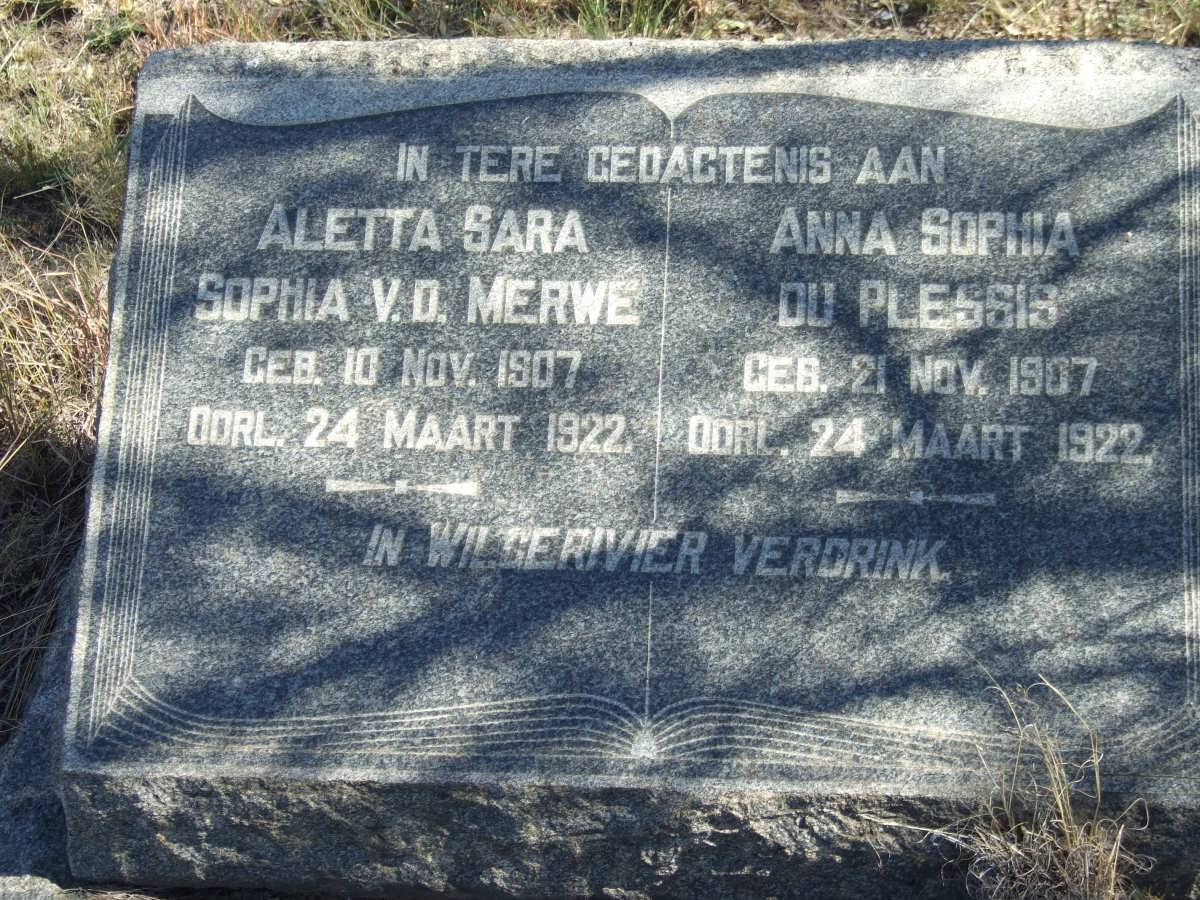 MERWE Aletta Sara Sophia, van der 1907-1922 :: DU PLESSIS Anna Sophia 1907-1922