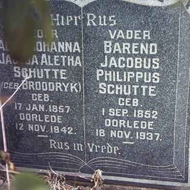 SCHUTTE Barend Jacobus Philippus 1852-1937 &amp; Alida Johanna Jacoba Aletha BROODRYK 1857-1942