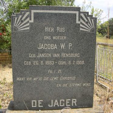 JAGER Jacoba W.P., de nee JANSEN VAN RENSBURG 1883-1958