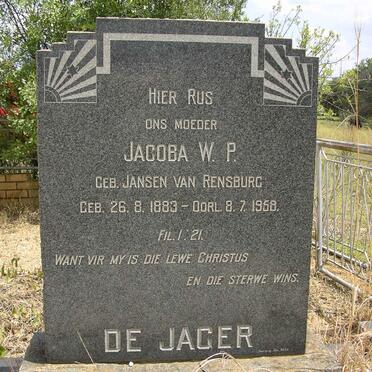 JAGER Jacoba W.P., de nee JANSEN VAN RENSBURG 1883-1958