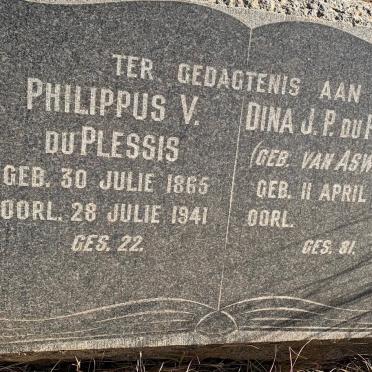 PLESSIS Philippus V., du 1865-1941 &amp; Dina J.P. VAN ASWEGAN 1882-