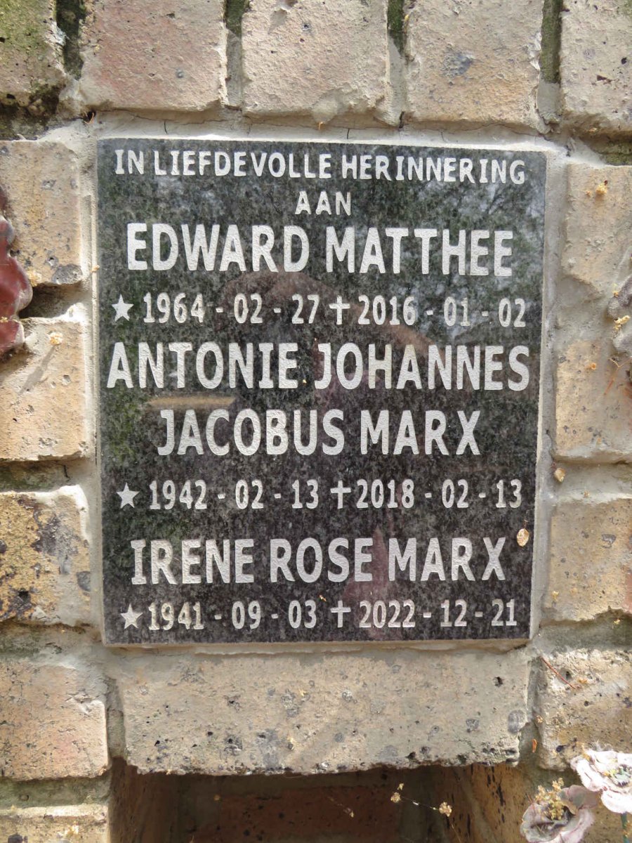 MARX Antonie Johannes Jacobus 1942-2018 & Irene Rose 1941-2022 :: MATTHEE Edward 1964-2016