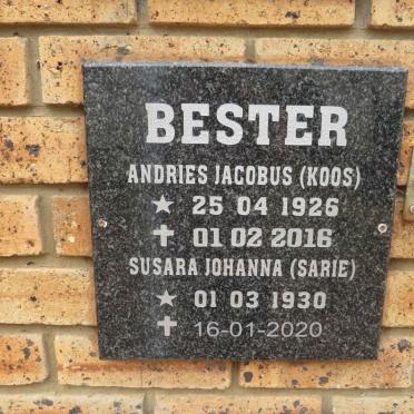 BESTER Andries Jacobus 1926-2016 & Susara Johanna 1930-2020