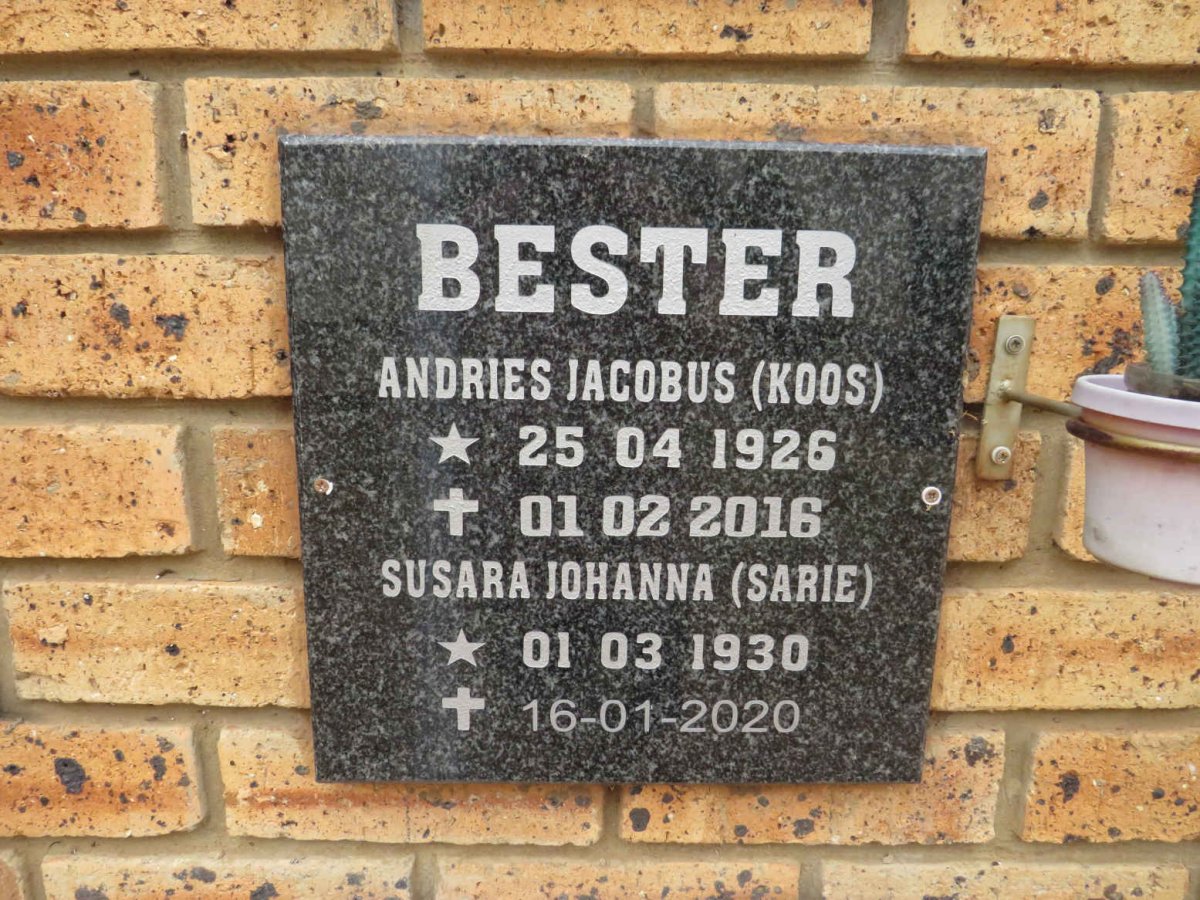 BESTER Andries Jacobus 1926-2016 & Susara Johanna 1930-2020