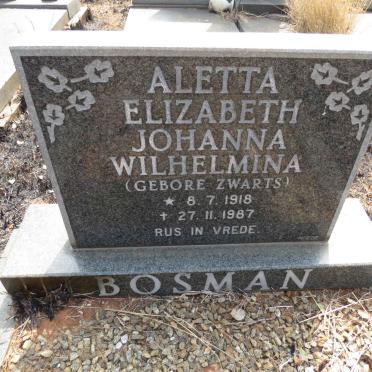 BOSMAN Aletta Elizabeth Johanna Wilhelmina nee ZWARTS 1918-1987