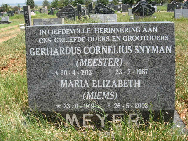 MEYER Gerhardus Cornelius Snyman 1913-1987 &amp; Maria Elizabeth 1919-2002