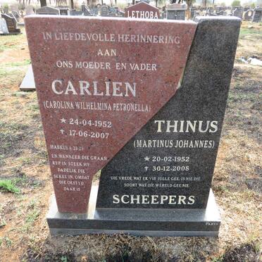 SCHEEPERS Marthinus Johannes 1952-2008 & Carolina Wilhelmina Petronella 1952-2007 