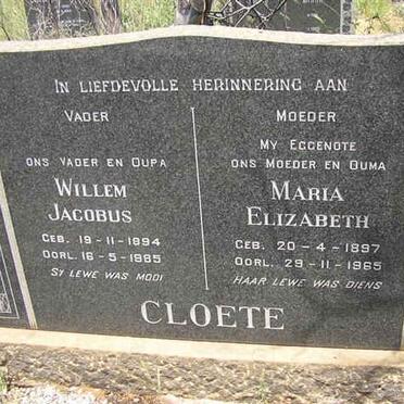 CLOETE Willem Jacobus 1894-1985 &amp; Maria Elizabeth 1897-1965