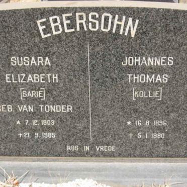 EBERSOHN Johannes Thomas 1896-1980 &amp; Susara Elizabeth VAN TONDER 1903-1985