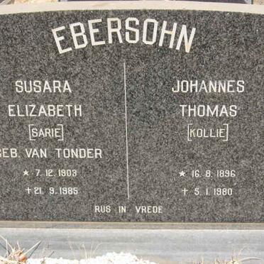 EBERSOHN Johannes Thomas 1896-1980 &amp; Susara Elizabeth VAN TONDER 1903-1985